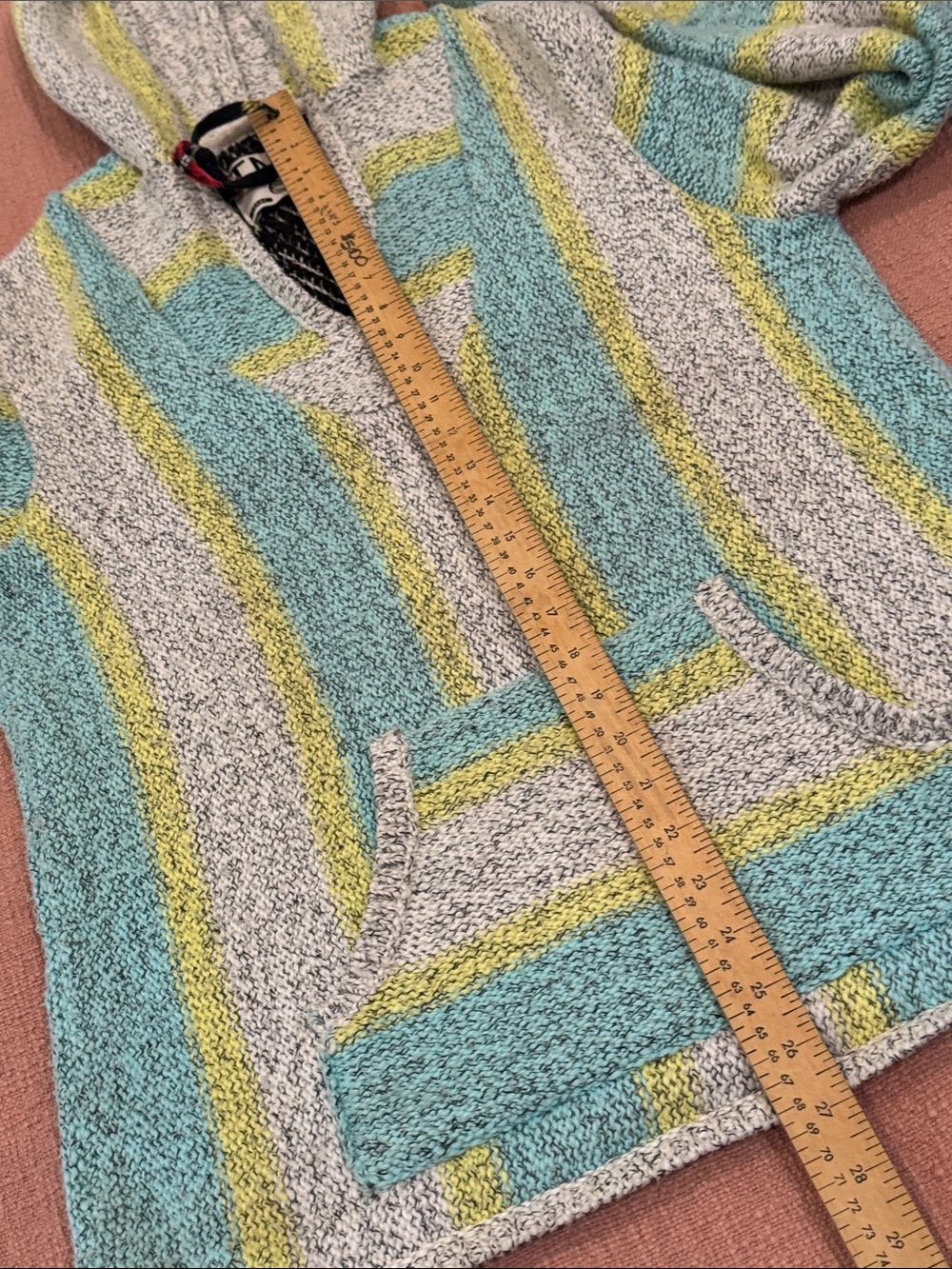 Large wm’s soft and cozy Hooded Striped Baja Sweater - Teal, Gray, Yellow - Picture 9 of 15